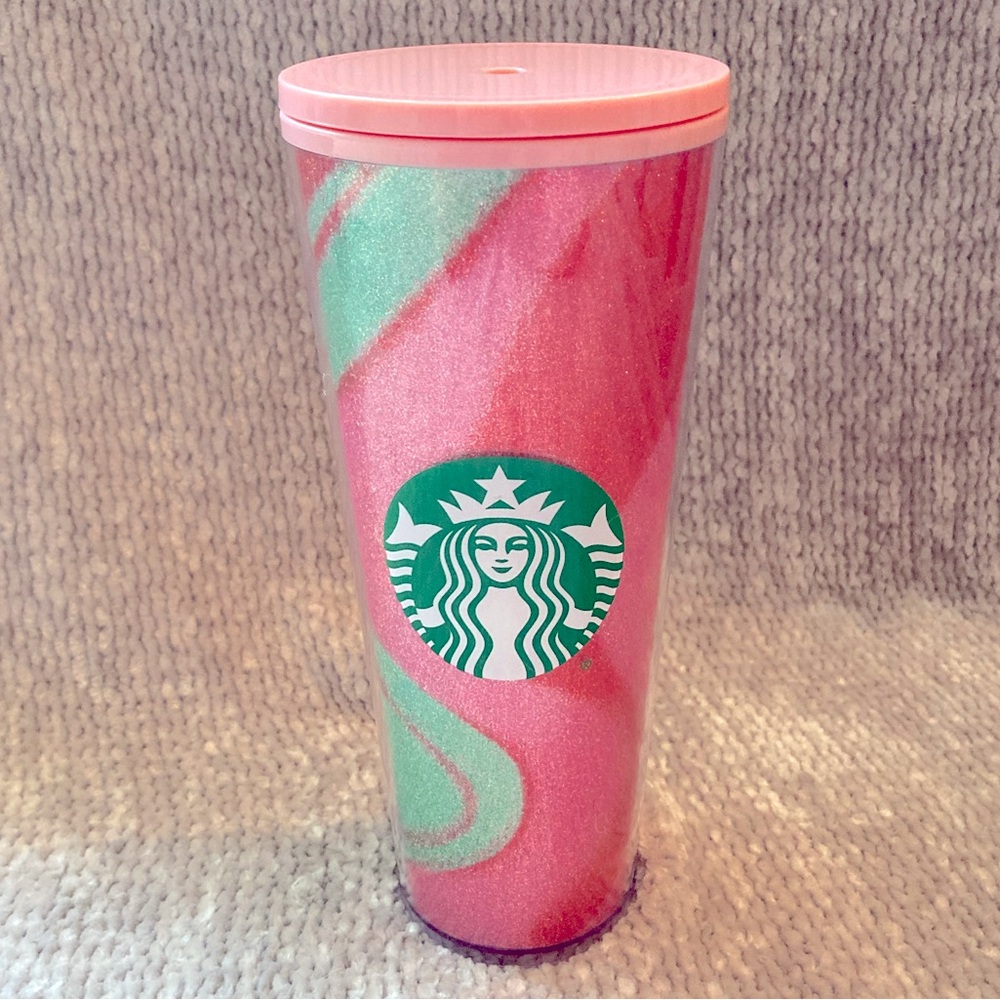 Starbucks 2020 Winter Holiday Christmas Pink Green‎ Swirl Glitter Tumbler 24oz